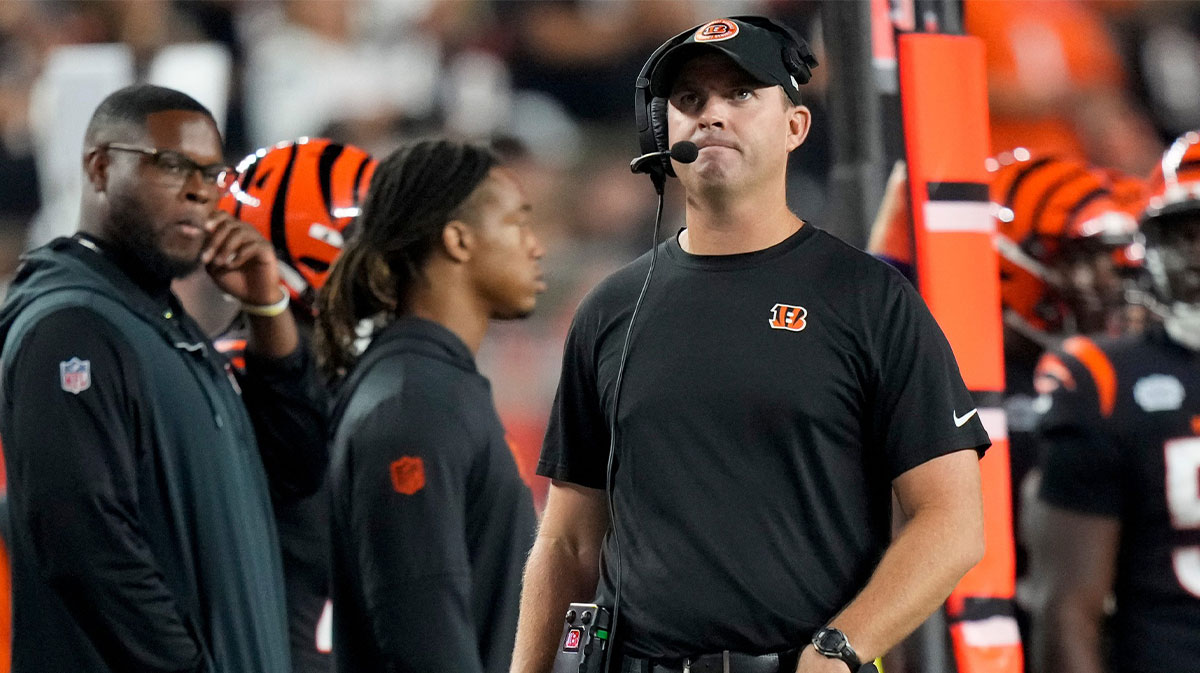Cincinnati Bengals head coach Zac Taylor paces the sideline in the third quarter of the NFL Week 3 game between the Cincinnati Bengals and the Washington Commanders at Paycor Stadium in downtown Cincinnati on Monday, Sept. 23, 2024. The Bengals remain winless after a 38-33 loss to Washington.