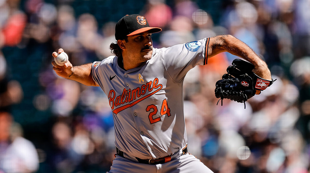 Baltimore Orioles starting pitcher Zach Eflin (24) pitches in the first inning against the Colorado Rockies at Coors Field.