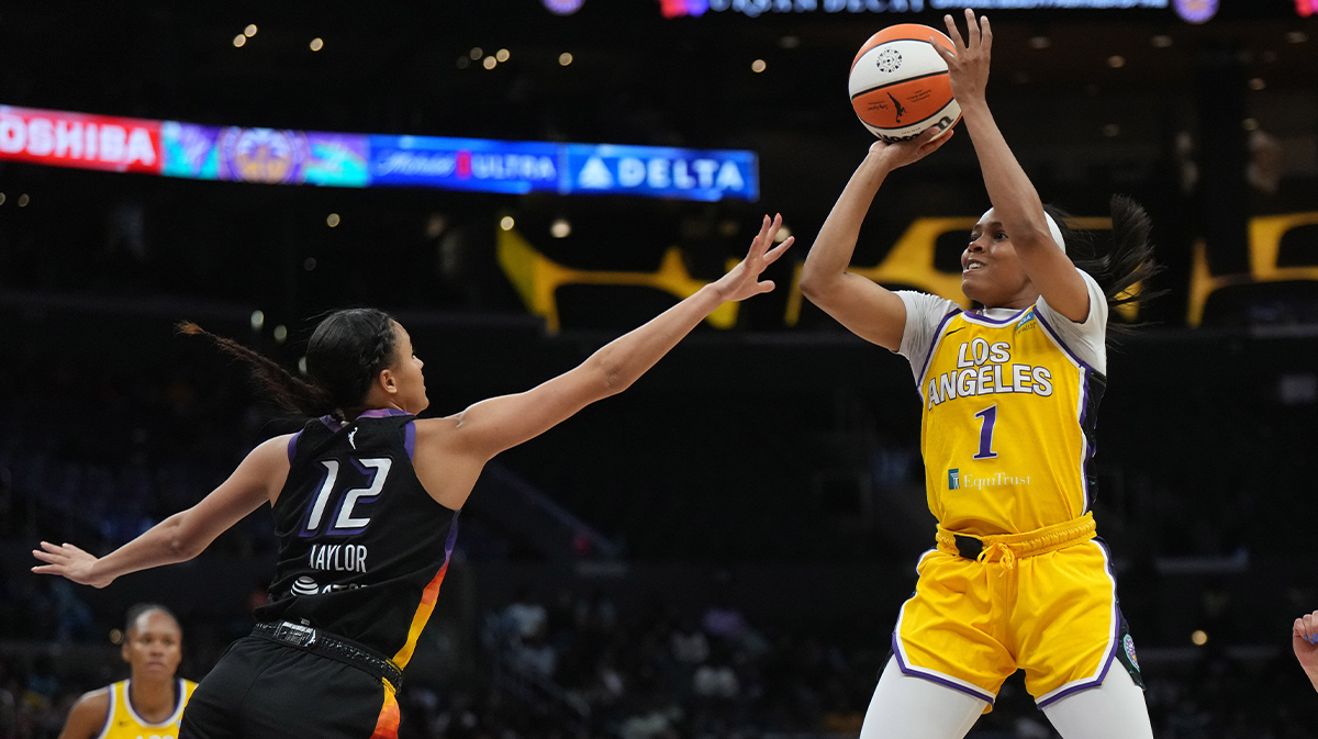 LA Sparks guard Zia Cooke (1) shoots the ball against Phoenix Mercury guard Celeste Taylor (12) in the second half at Crypto.com Arena.