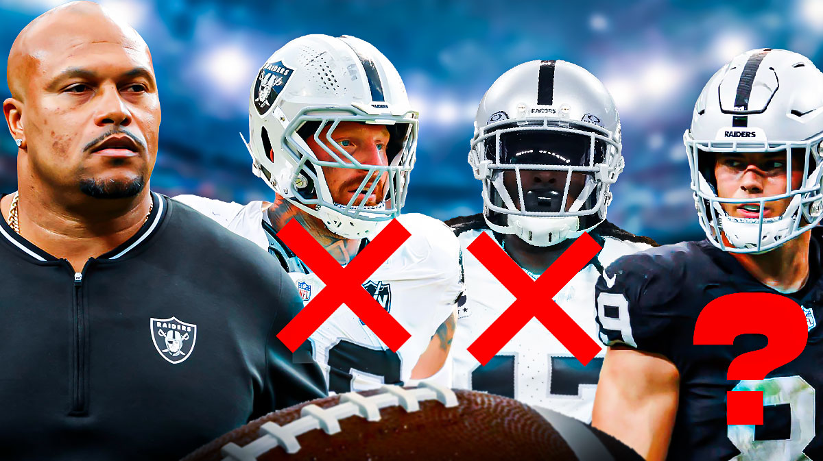Raiders Antonio Pierce, Maxx Crosby, Davante Adams, and Brock Bowers with a red x over Crosby, a red x over Adams, and a question mark over Bowers