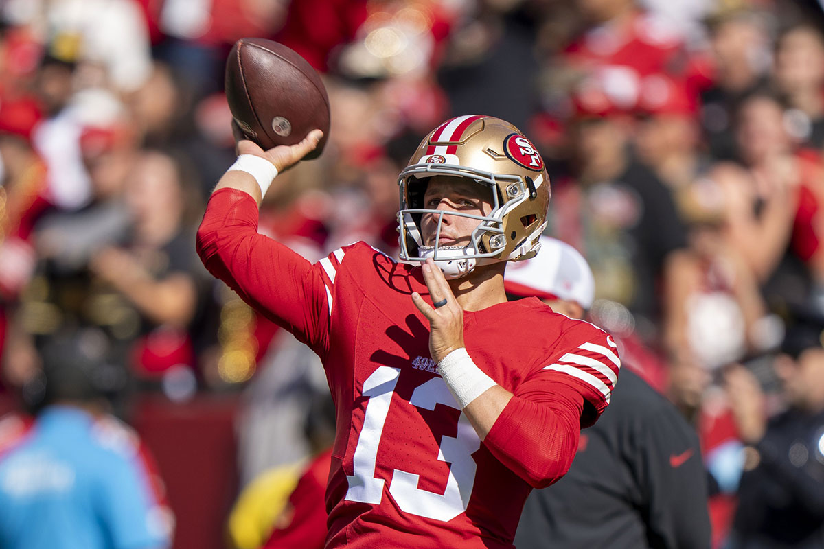 San Francisco 49ers quarterback Brock Purdy (13) warms up before the game against the New Orleans Saints at Levi's Stadium.
