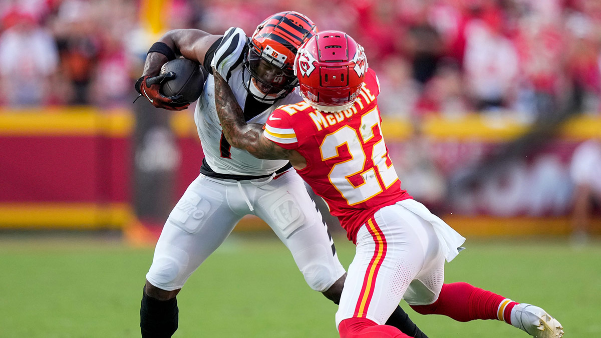 Cincinnati Bengals wide receiver Ja'Marr Chase (1) and Kansas City Chiefs cornerback Trent McDuffie (22) collide in the fourth quarter of the NFL Week 2 game between the Kansas City Chiefs and the Cincinnati Bengals at Arrowhead Stadium in Kansas City on Sunday, Sept. 15, 2024. The Chiefs took a 26-25 win with a go-ahead field goal as time expired.