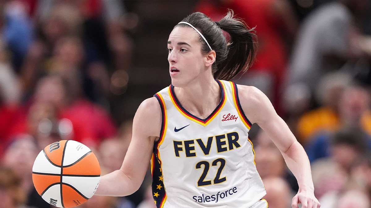 Indiana Fever guard Caitlin Clark (22) rushes up the court Friday, July 12, 2024, during the game at Gainbridge Fieldhouse in Indianapolis. The Indiana Fever defeated the Phoenix Mercury, 95-86.