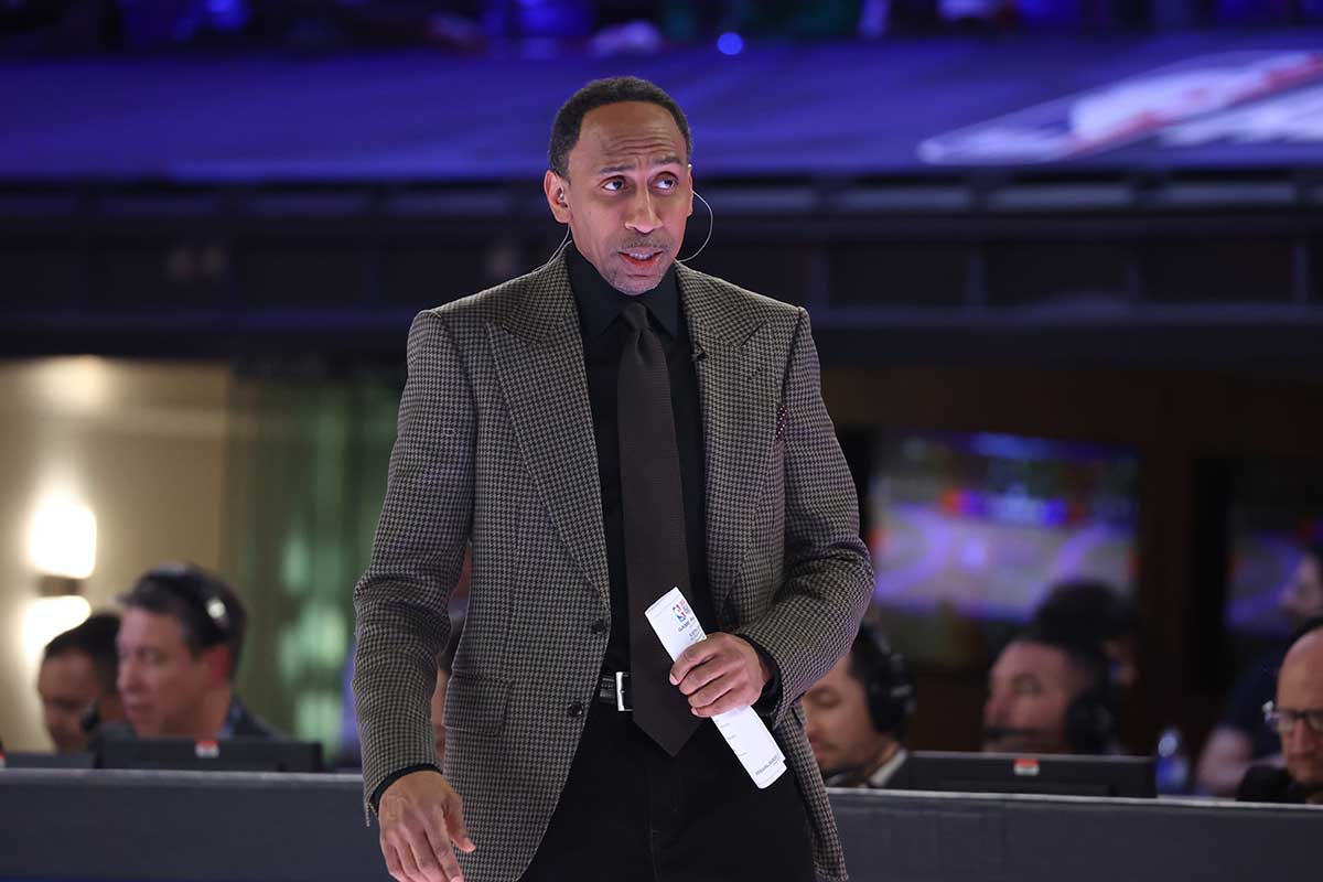 Team Stephen A coach Stephen A. Smith looks on against Team Shannon during the All Star Celebrity Game at Lucas Oil Stadium.