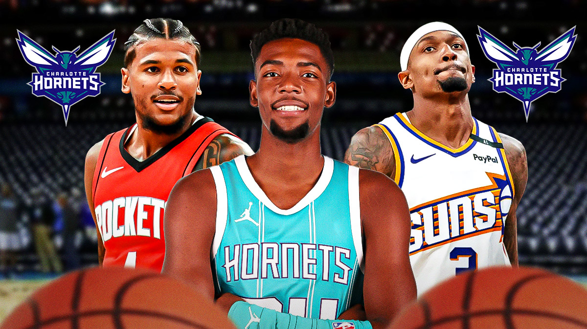 Brandon Miller in middle looking happy, Bradley Beal and Jalen Green on either side, Charlotte Hornets logo, basketball court in background