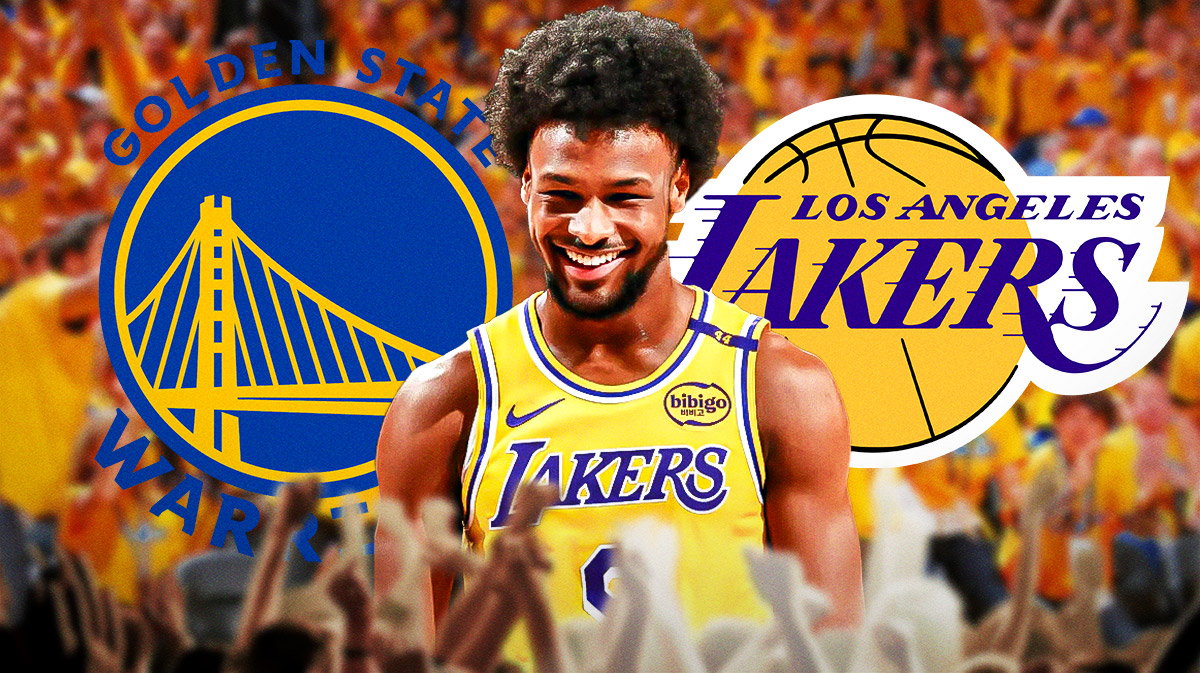 Lakers rookie Bronny James next to the Warriors and Lakers logo with fans around them at the Warriors' arena