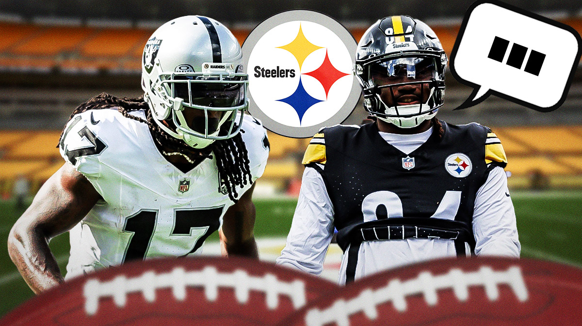 Las Vegas Raiders WR Davante Adams with Pittsburgh Steelers RB Cordarrelle Patterson with a speech bubble that has the three dots emoji inside. There is also a logo for the Pittsburgh Steelers.