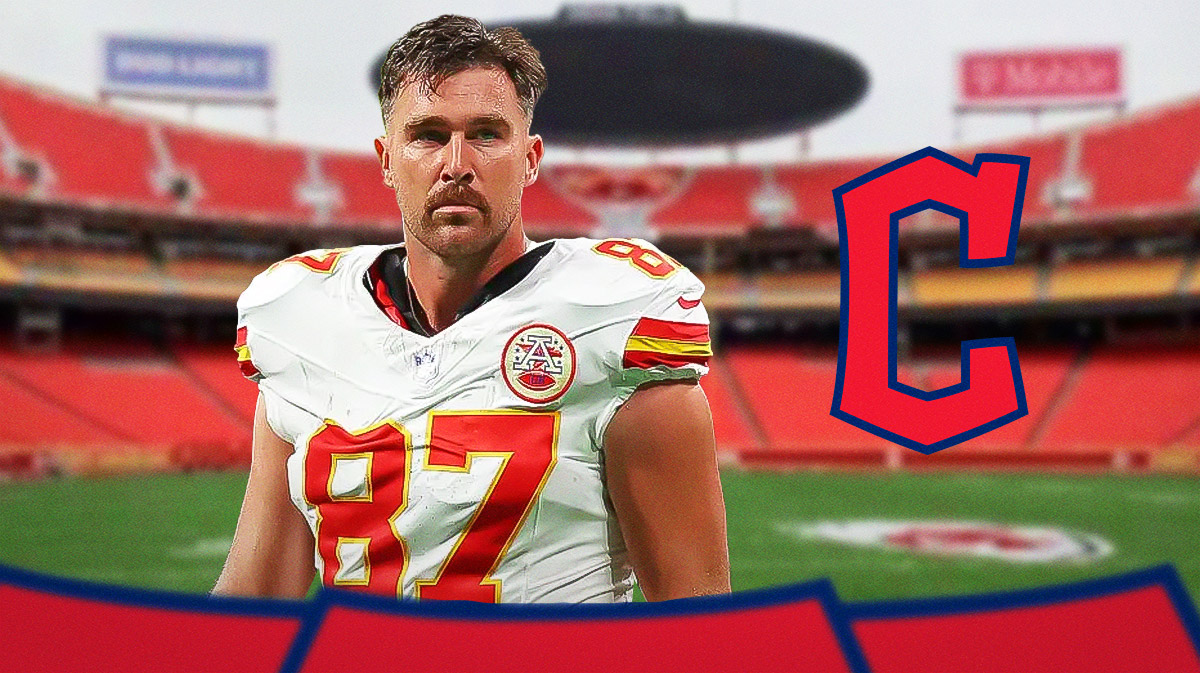 Kansas City Chiefs player Travis Kelce and Cleveland Guardians logo