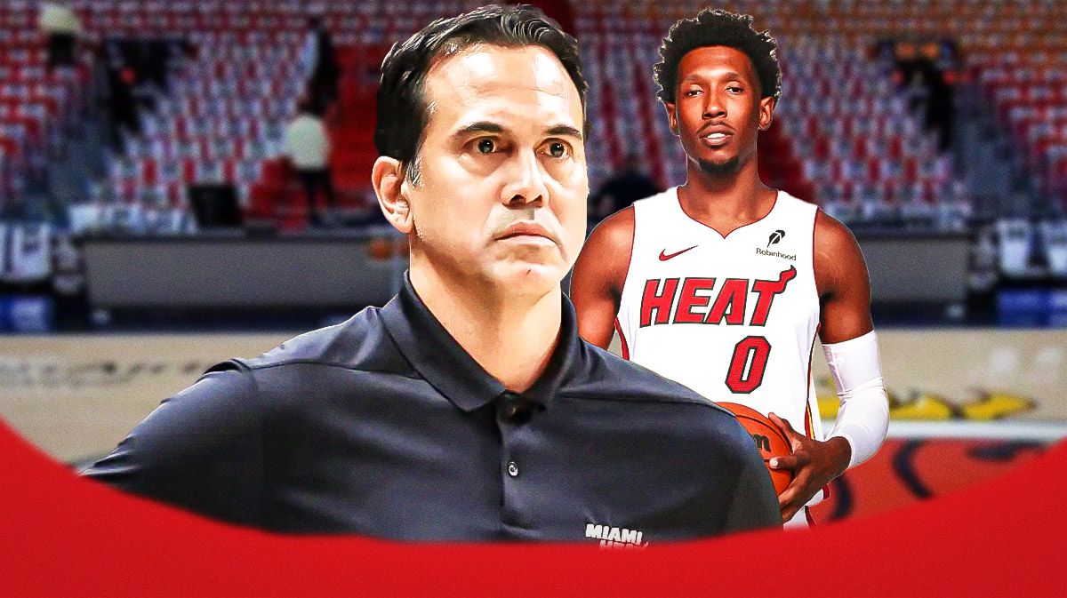 Miami Heat head coach Erik Spoelstra and Josh Richardson in front of Kaseya Center.