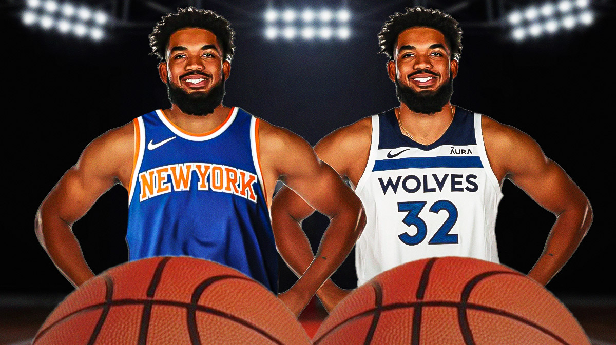 Karl-Anthony Towns in a Knicks and Timberwolves jersey.