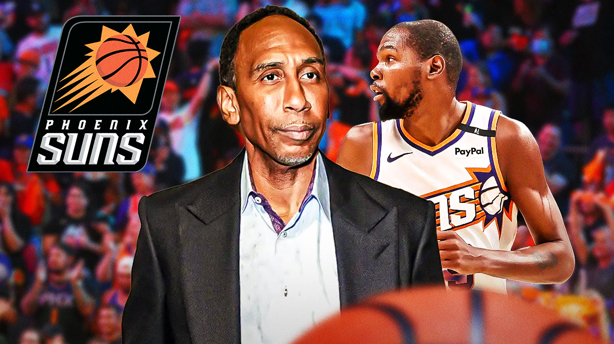 ESPN's Stephen A Smith next to Suns superstar Kevin Durant & the Suns logo