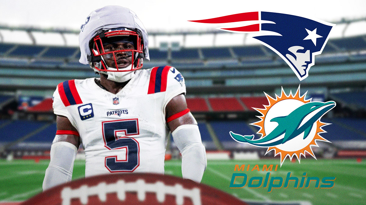 Patriots safety Jabrill Peppers next to the Patriots & Dolphins logos