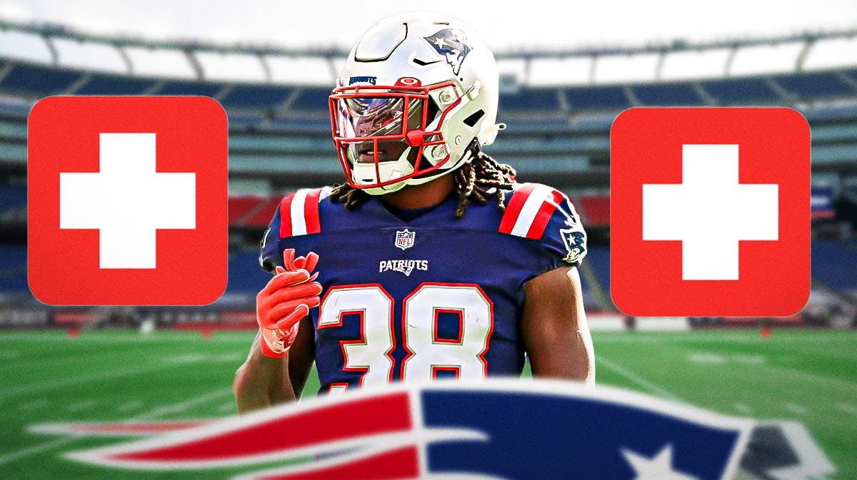 Patriots Rhamondre Stevenson with red cross