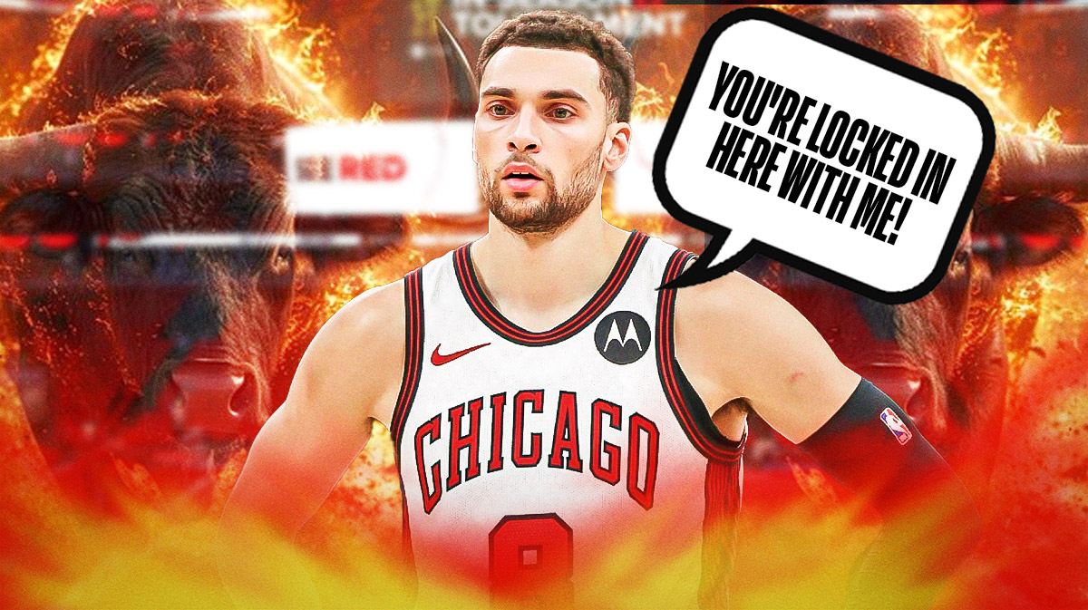 Zach LaVine with a speech bubble saying, "You're locked in here with ME!" featuring a scary Bulls background.
