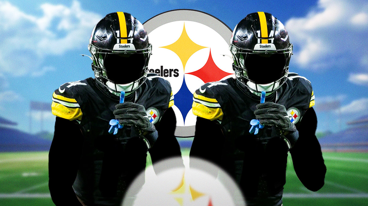 2 silhouetted Pittsburgh Steelers players, Pittsburgh Steelers logo, football field in background