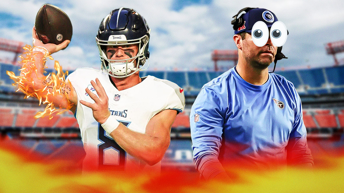Titans QB Will Levis with flamethrower right arm, Brian Callahan looking at him with cartoon eyes