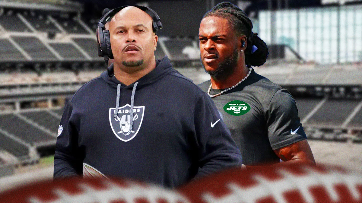 Antonio Pierce in Raiders coaching gear and Davante Adams in a Jets jersey.