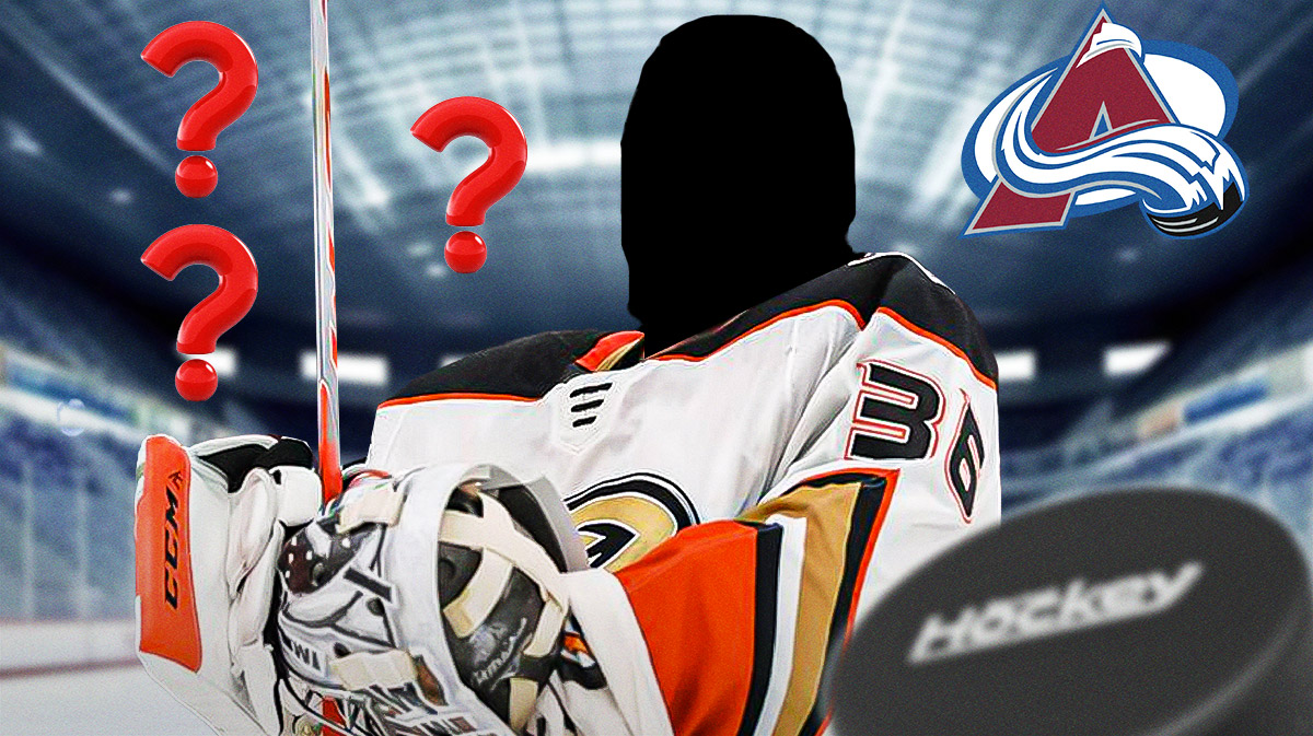A silhouette of Anaheim Ducks goaltender John Gibson, Colorado Avalanche logo, 3-5 question marks, hockey rink in background