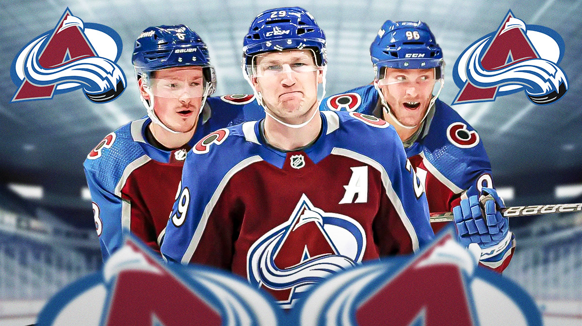 Cale Makar, Nathan MacKinnon, Mikko Rantanen in front of an ice rink and Avalanche logo.