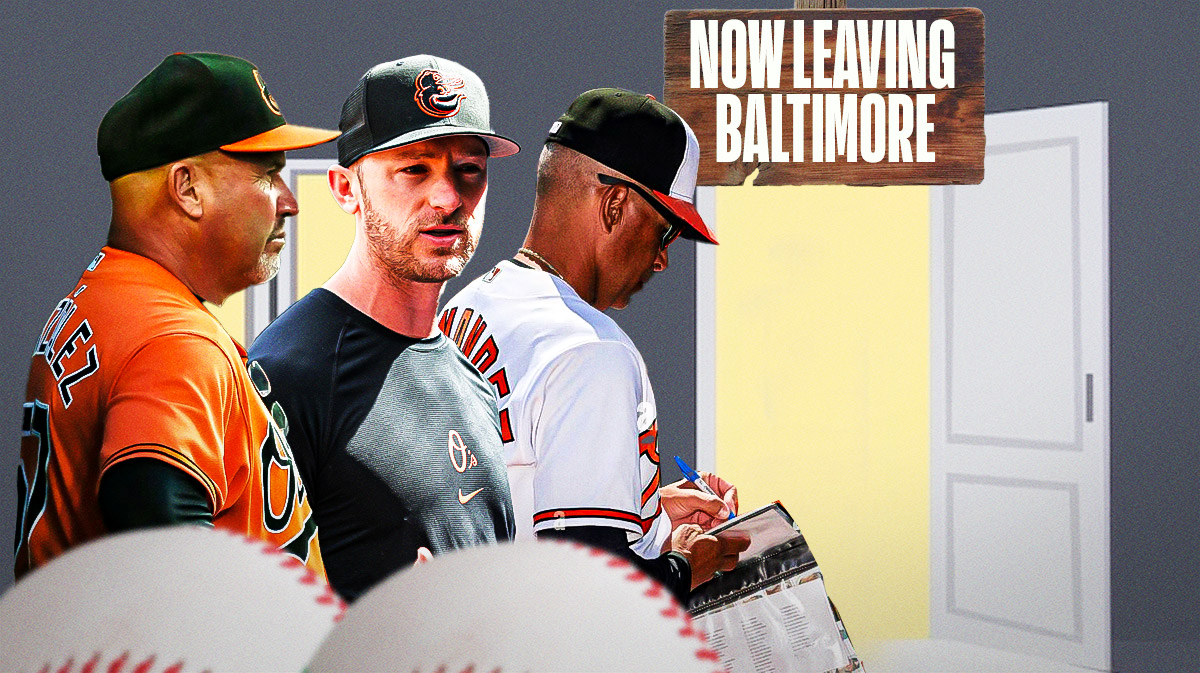 Orioles' Fredi Gonzalez, Ryan Fuller, and Jose Hernandez walking out of a door with a "Now leaving Baltimore" sign