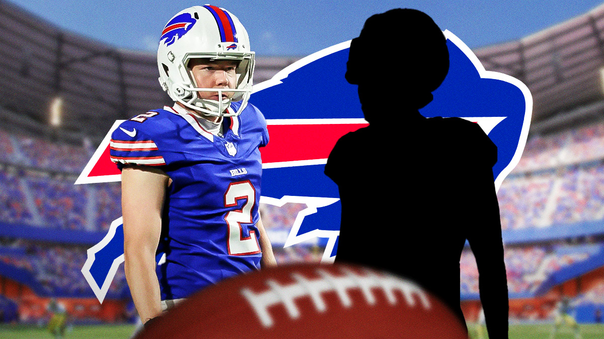Tyler Bass and silhouette of Lucas Havrisik. Bills logo behind them.