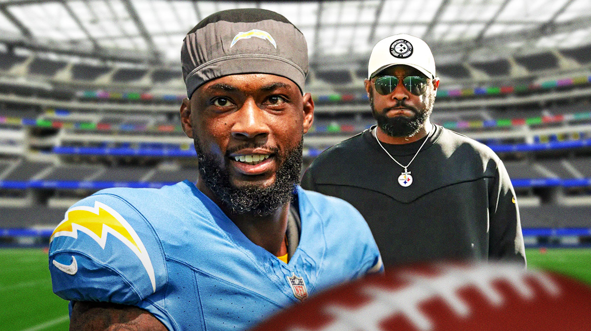 Mike Williams wearing a Chargers uniform with Steelers Mike Tomlin looking on