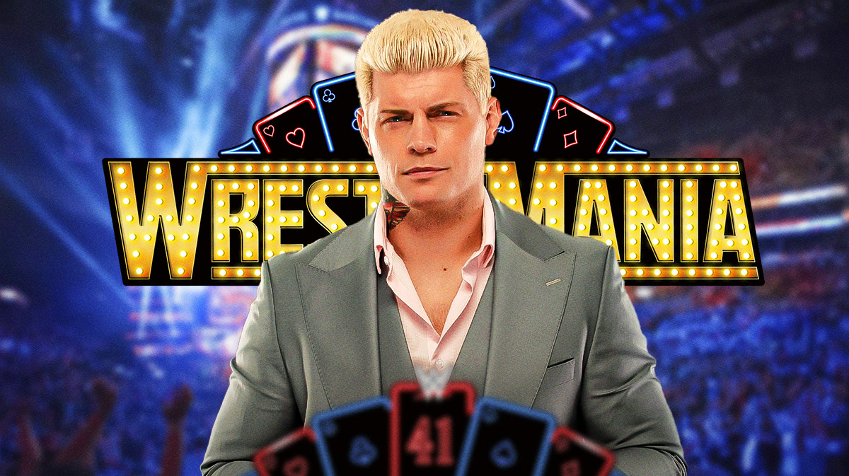 WWE Champion Cody Rhodes with WrestleMania 41 logo behind.
