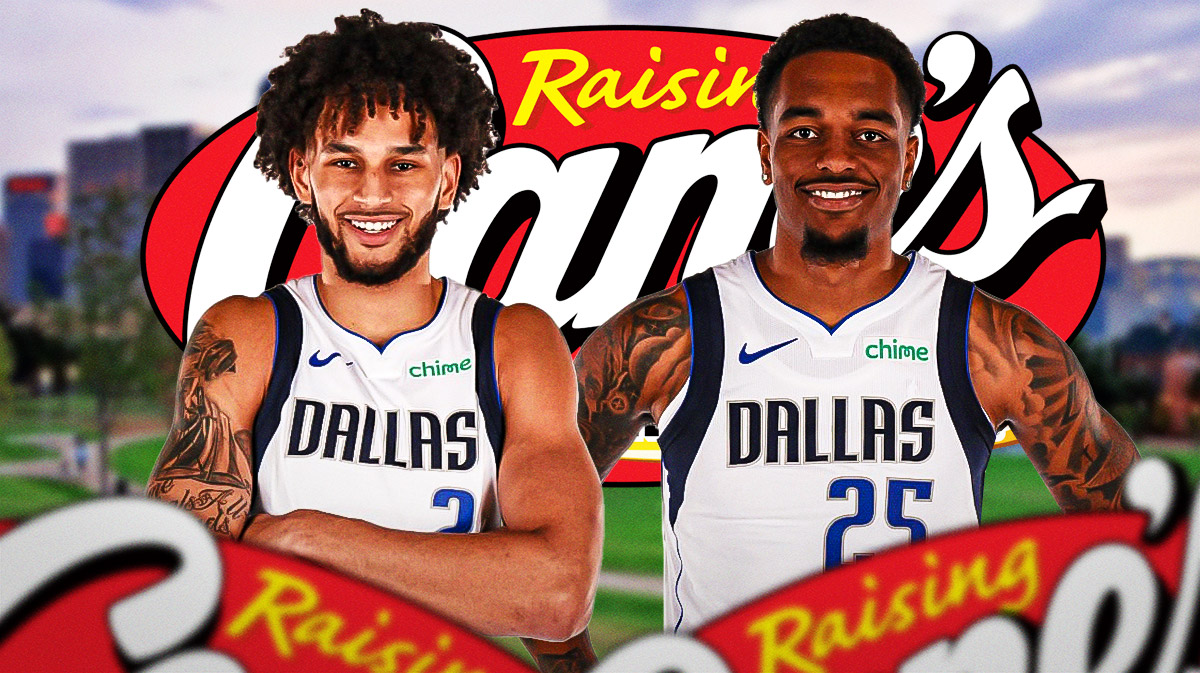 Mavericks Dereck Lively II and Mavericks PJ Washington both smiling on left. Raising Cane's 2024 logo on right.