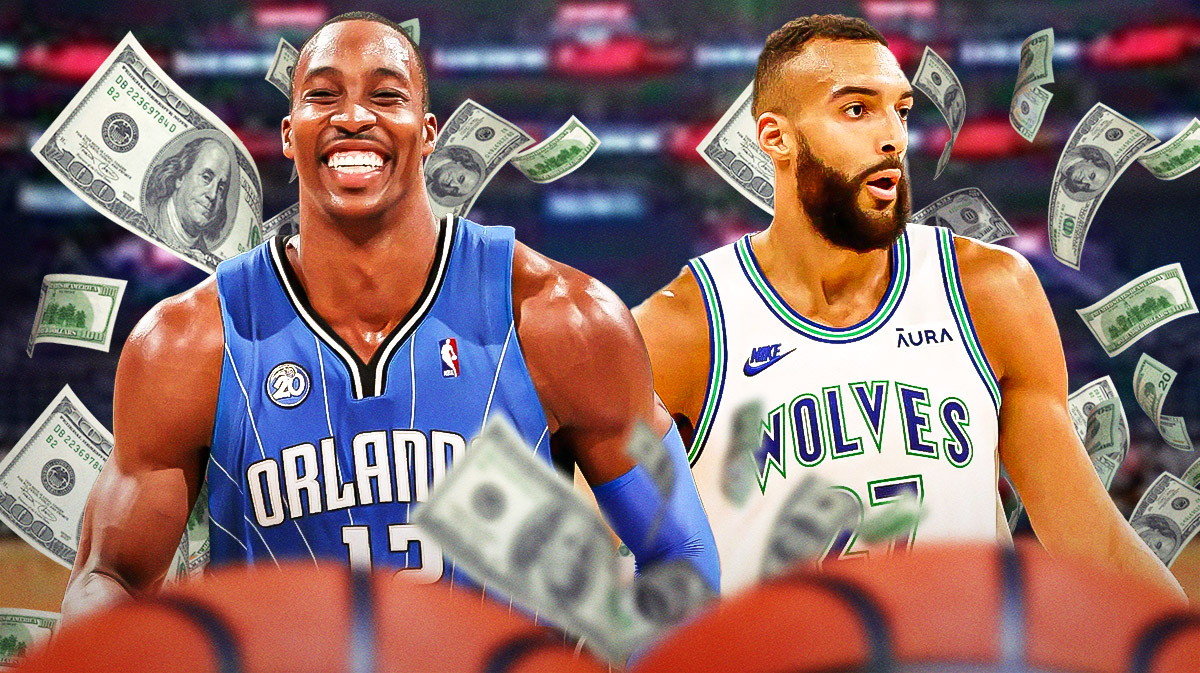 Minnesota Timberwolves center Rudy Gobert and Dwight Howard with $100 bills falling all around them