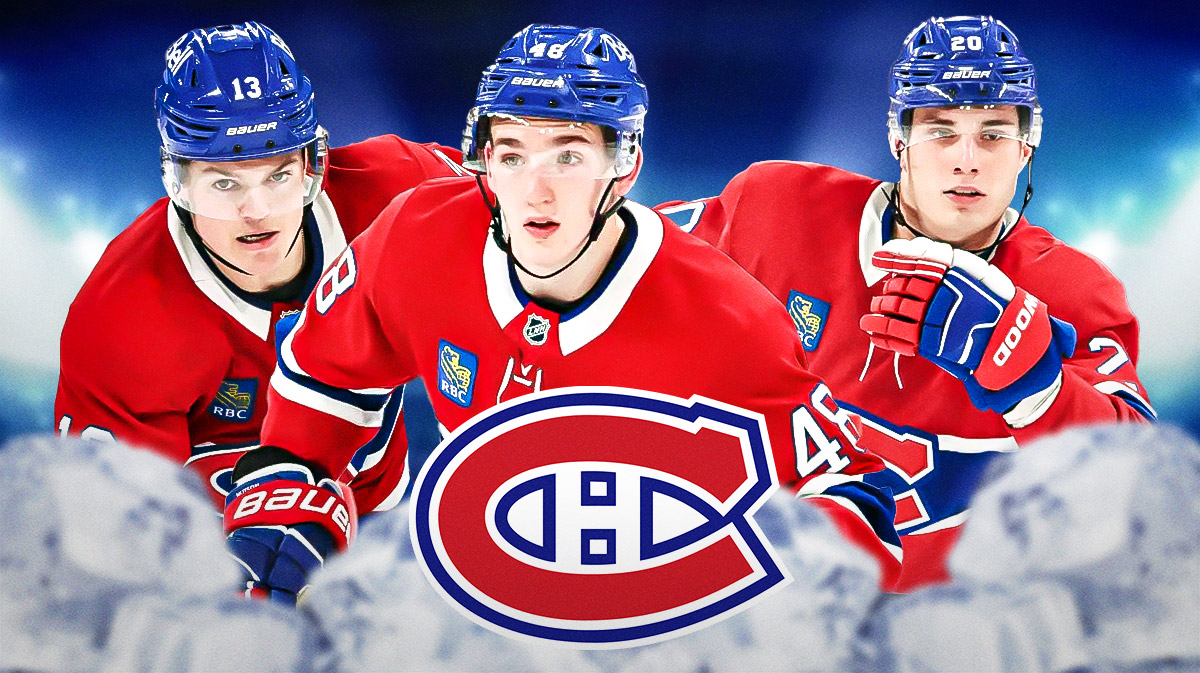 Cole Caufield, Lane Hutson, Juraj Slafkovsky with a canadiens logo.