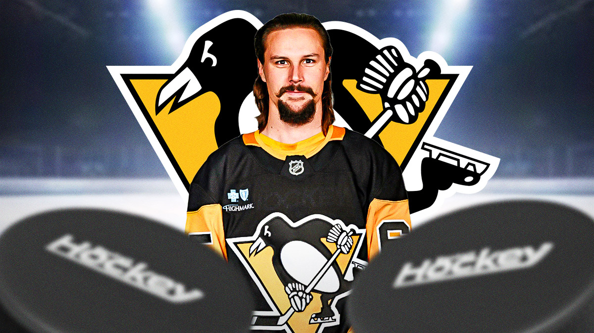 Erik Karlsson looking happy, Pittsburgh Penguins logo, hockey rink in background