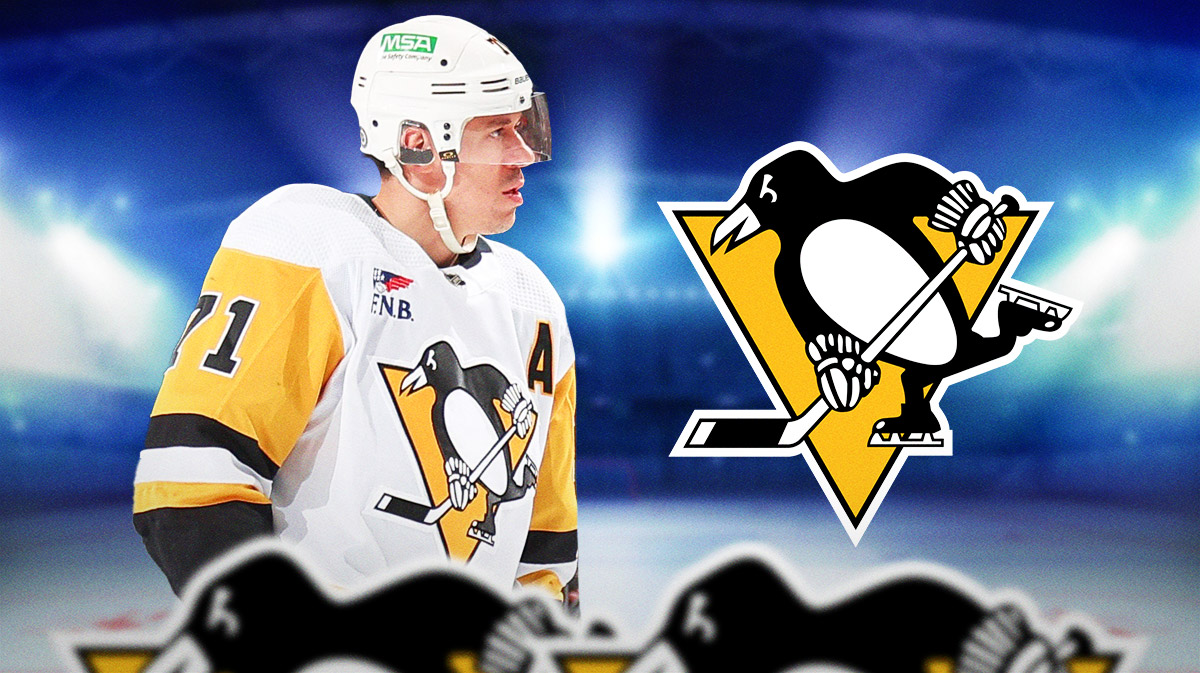 Evgeni Malkin looking stern, Pittsburgh Penguins logo, hockey rink in background