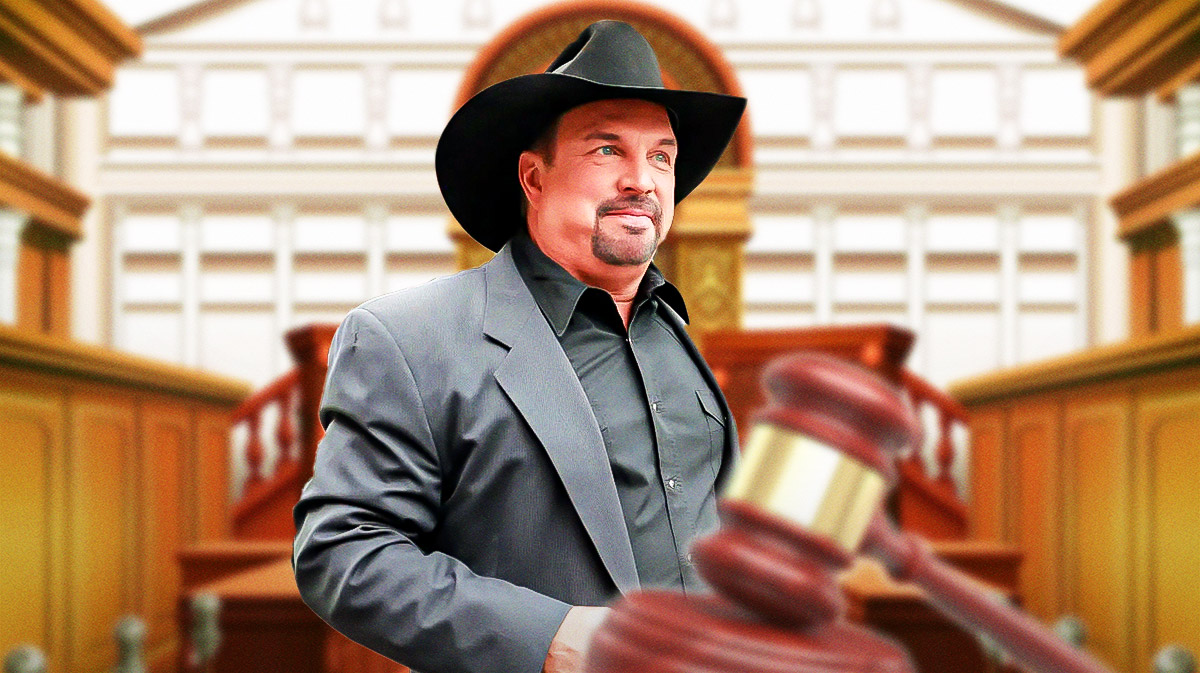 Garth Brooks, who is facing allegations of sexual assault and battery from his former hairstylist and makeup artist Jane Roe, with courtroom background.