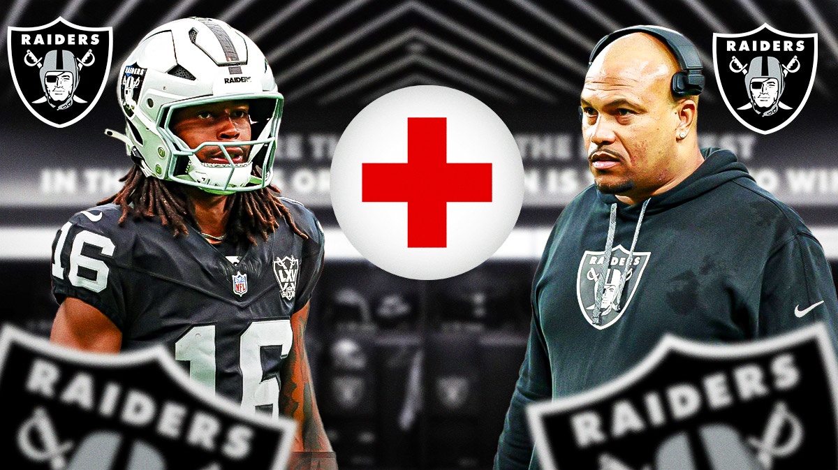 Las Vegas Raiders WR Jakobi Meyers with an injury symbol. He is next to Raiders head coach Antonio Pierce. There is also a logo for the Las Vegas Raiders.