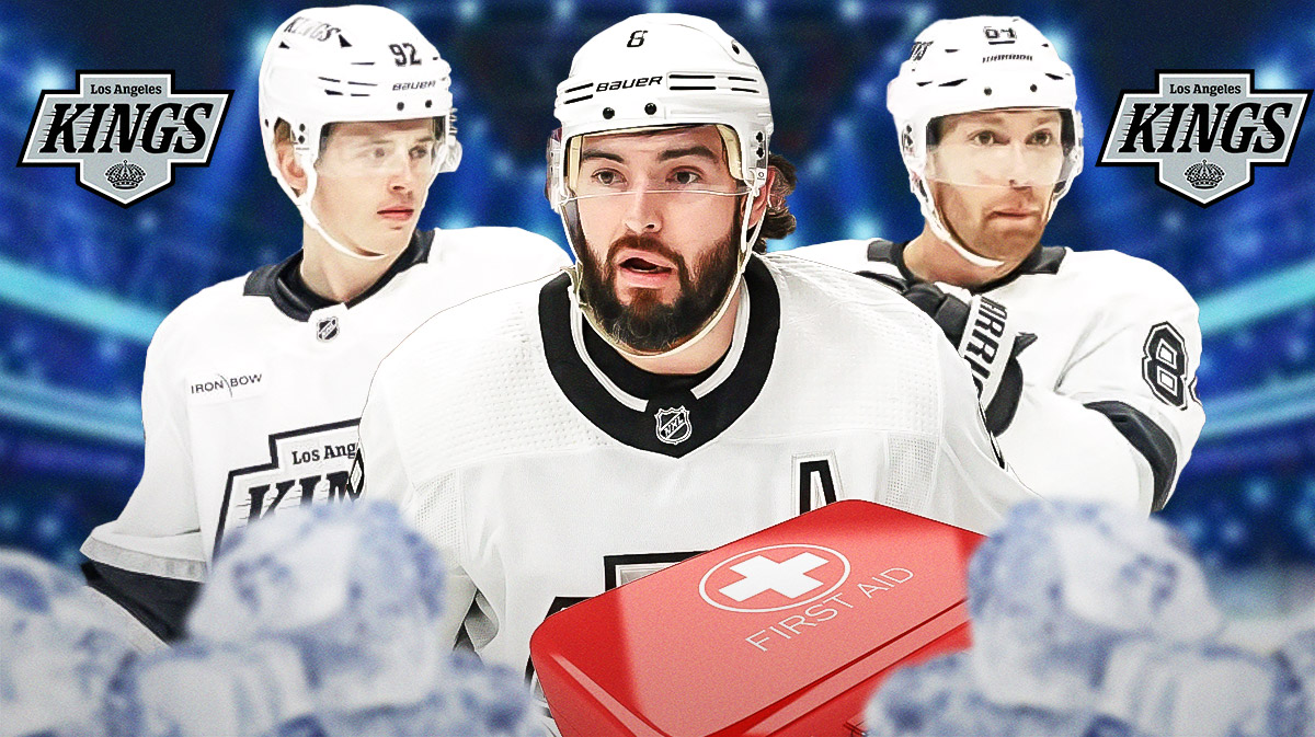 Drew Doughty in middle of image looking stern with first aid kit, Brandt Clarke and Vladislav Gavrikov on either side, LA Kings logo, hockey rink in background