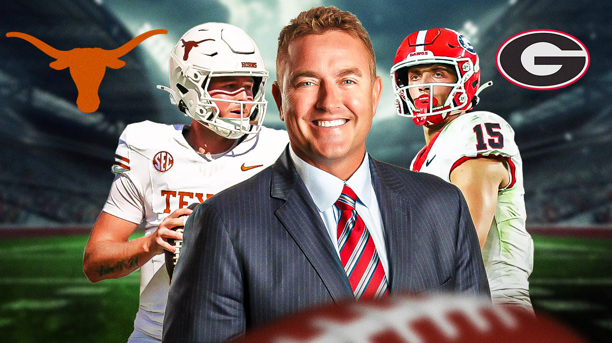 Quinn Ewers (Longhorns logo behind him) and Carson Beck (Georgia Bulldogs logo behind him) on either side of image looking hopeful, Kirk Herbstreit in middle, football field in background