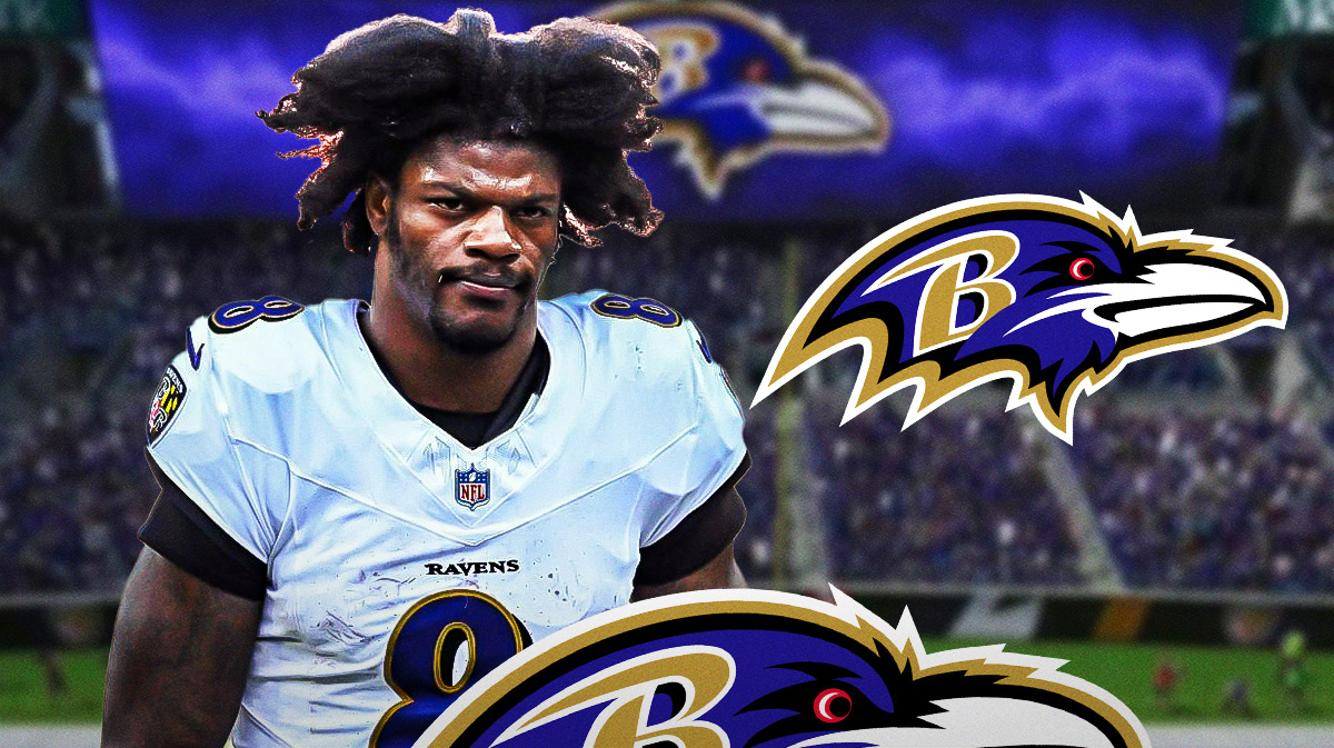 Lamar Jackson looking concerned next to a Ravens logo