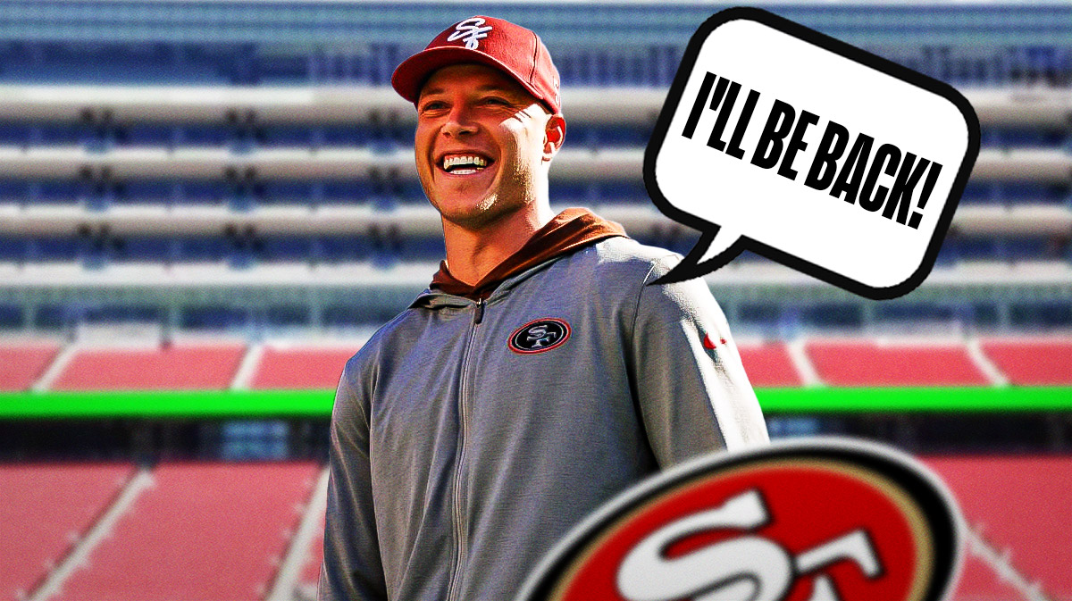 Christian McCaffrey as the Terminator saying, "I'll be back!" featuring a 49ers background.