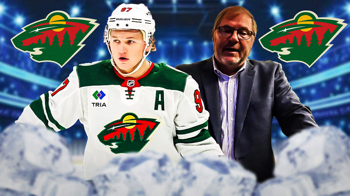 Kirill Kaprizov and Craig Leipold on either side, Minnesota Wild logo in middle, hockey rink in background
