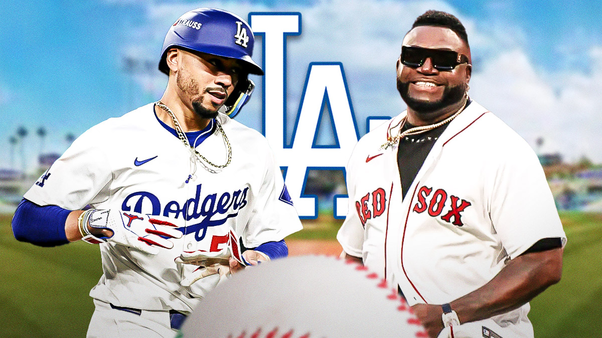 Dodgers outfielder Mookie Betts next to Red Sox legend David Ortiz & the Dodgers logo