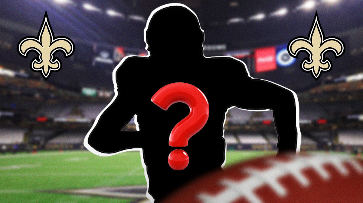 A silhouette of an American football player with a big question mark emoji inside. There is also a logo for the New Orleans Saints.
