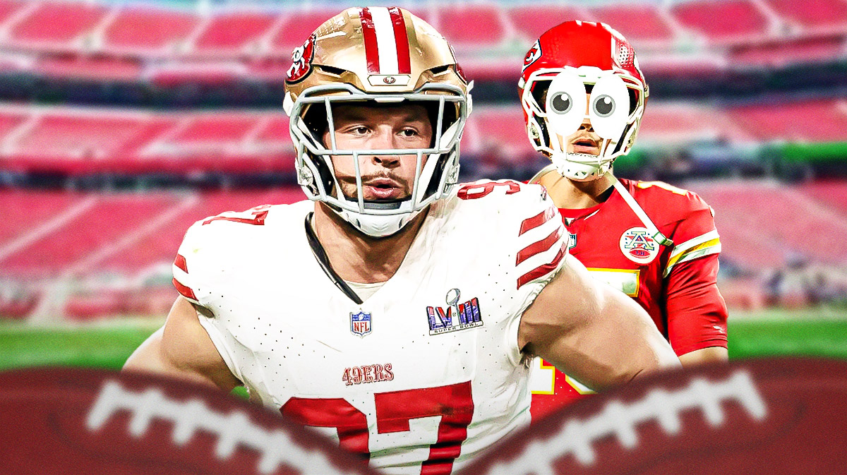 Nick Bosa on one side, Patrick Mahomes on the other side with the big eyes emoji over his face
