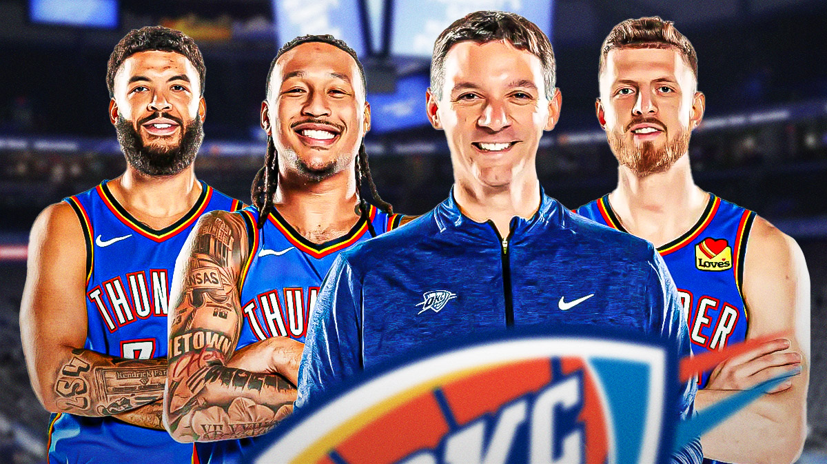 Thunder head coach Mark Daigneault nexnt to Thunder center Isaiah Hartenstein, Thunder center Jaylin Williams & Thunder forward Kenrich Williams