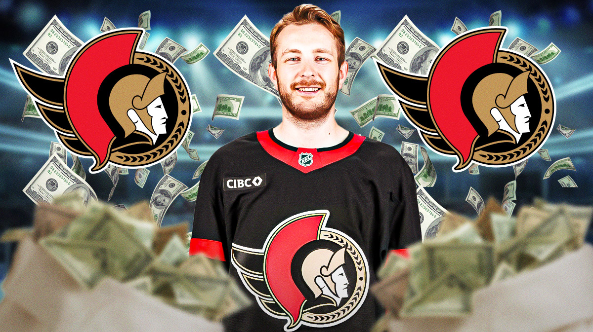 Linus Ullmark in an Ottawa Senators jersey looking happy, money around him, Ottawa Senators logo