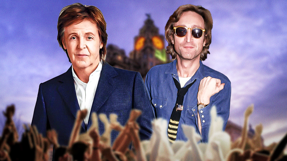 Beatles members Paul McCartney and John Lennon in front of Liverpool, England background.