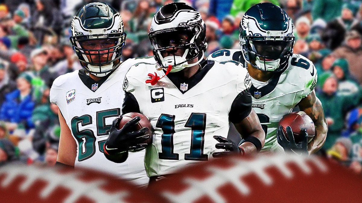 Philadelphia Eagles players AJ Brown, Devonta Smith and Lane Johnson - Eagles fans cheering in background