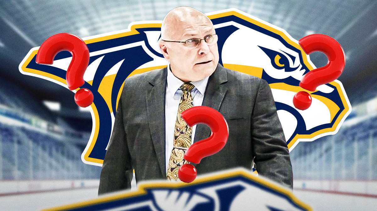 Barry Trotz in image looking stern, 3-5 question marks, Nashville Predators logo, hockey rink in background