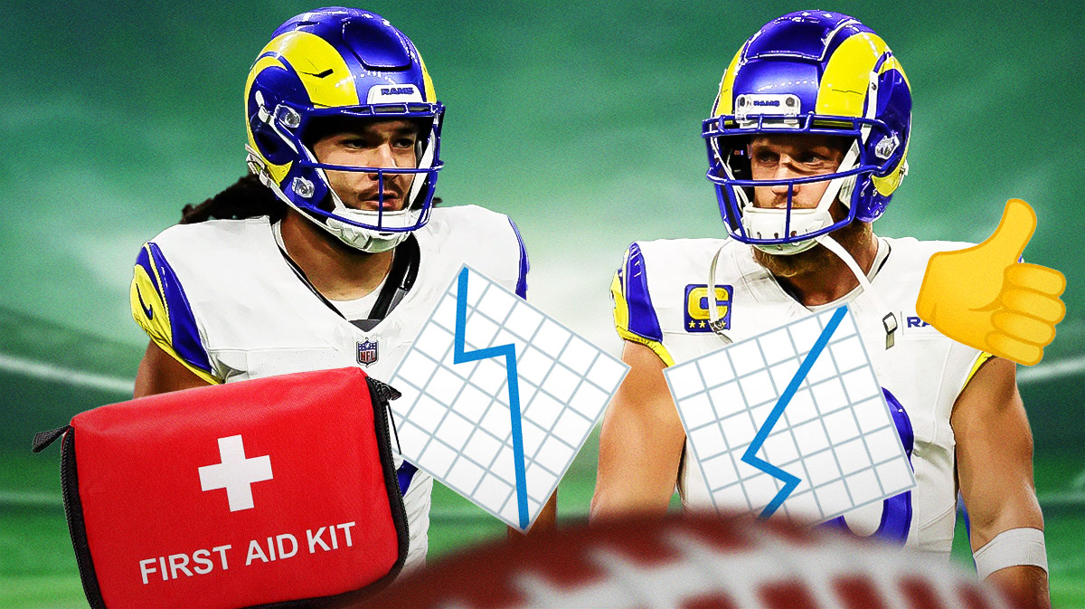 Rams' Puka Nacua with the 📉 emoji and a med kit next to Cooper Kupp with the 📈 emoji with a thumbs-up