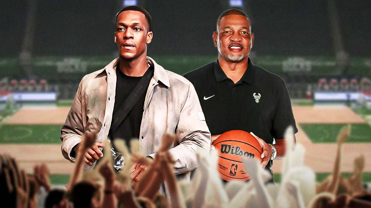 Rajon Rondo, Doc Rivers side by side with a Bucks-themed BG.