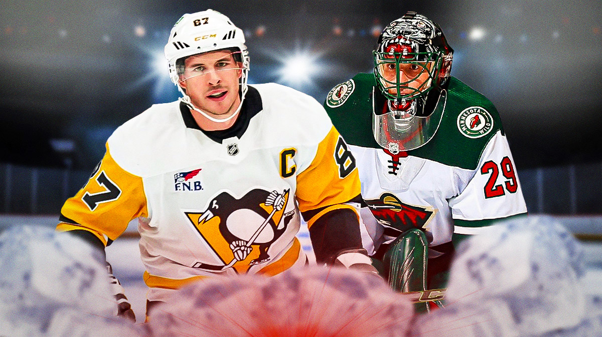 Sidney Crosby (Penguins jersey) and Marc-Andre Fleury (Wild jersey) both looking happy, hockey rink in background